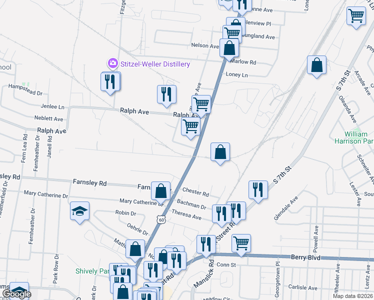 map of restaurants, bars, coffee shops, grocery stores, and more near 1804 Gillette Avenue in Louisville