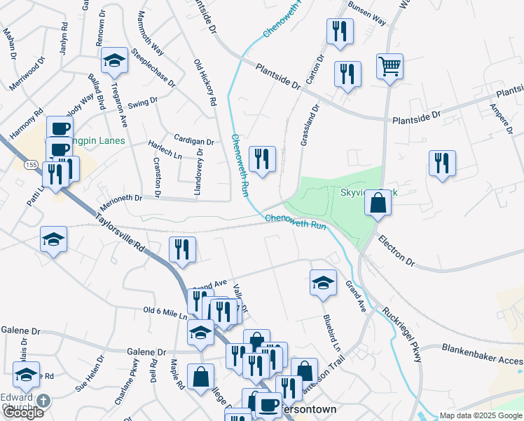 map of restaurants, bars, coffee shops, grocery stores, and more near 4500 Grassland Drive in Jeffersontown