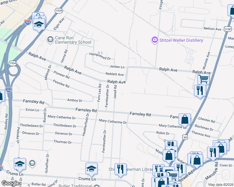map of restaurants, bars, coffee shops, grocery stores, and more near 1877 Farnsley Road in Louisville