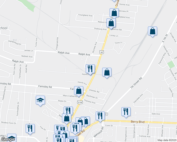 map of restaurants, bars, coffee shops, grocery stores, and more near 1804 Gillette Avenue in Louisville