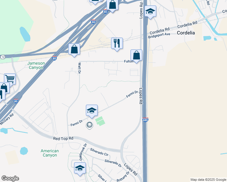 map of restaurants, bars, coffee shops, grocery stores, and more near 5191 Fermi Drive in Fairfield