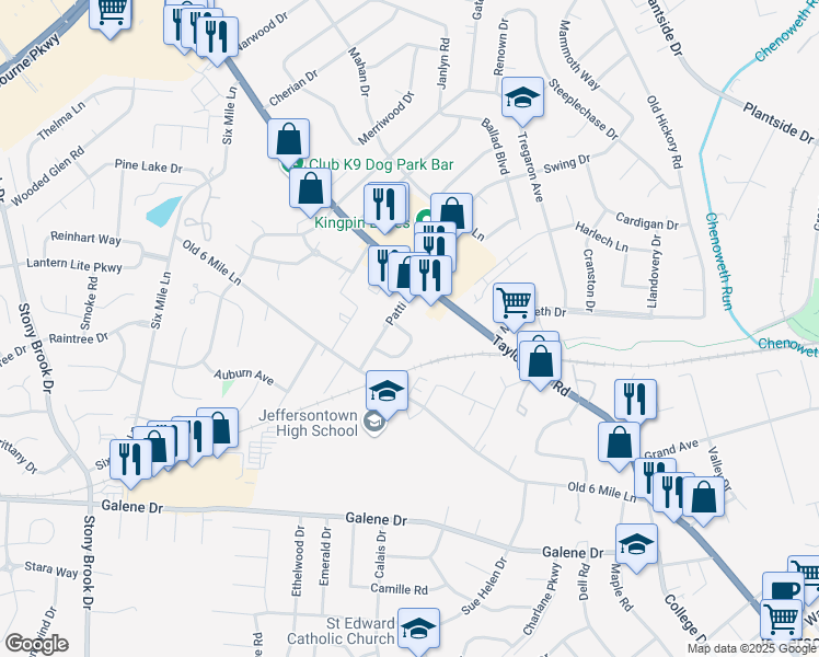 map of restaurants, bars, coffee shops, grocery stores, and more near 9609 Glenawyn Circle in Louisville