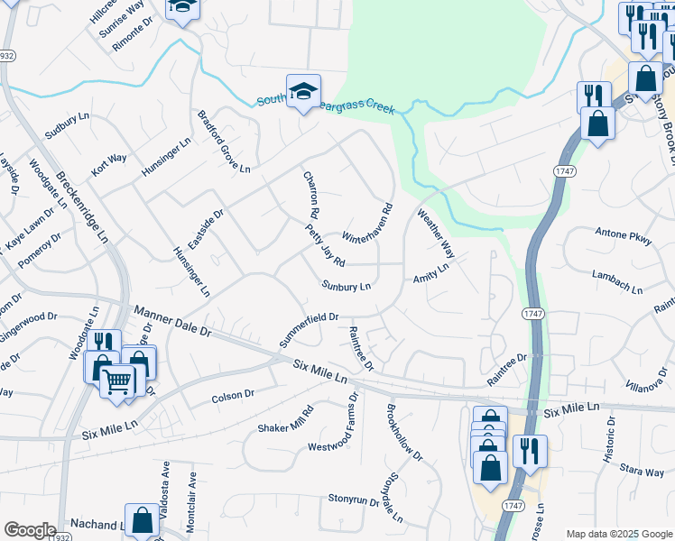 map of restaurants, bars, coffee shops, grocery stores, and more near 7801 Sunbury Lane in Louisville