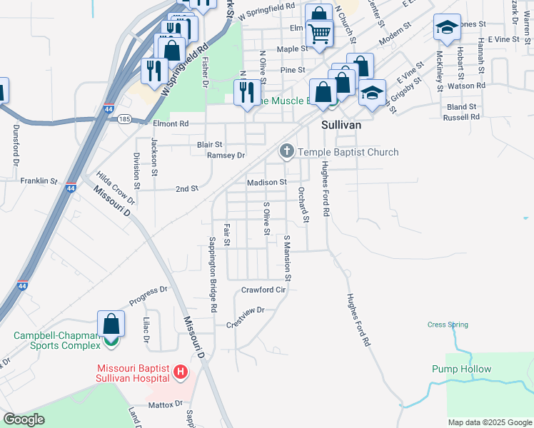 map of restaurants, bars, coffee shops, grocery stores, and more near 303 South Olive Street in Sullivan