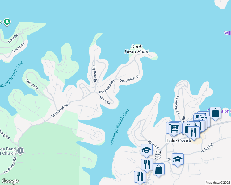 map of restaurants, bars, coffee shops, grocery stores, and more near 32-34 Circle Drive in Lake Ozark