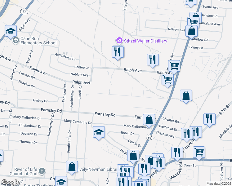 map of restaurants, bars, coffee shops, grocery stores, and more near 2016 Appleton Lane in Shively