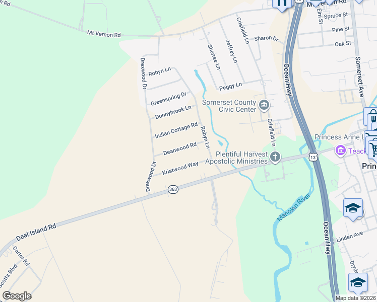 map of restaurants, bars, coffee shops, grocery stores, and more near 30080 Kristwood Way in Princess Anne