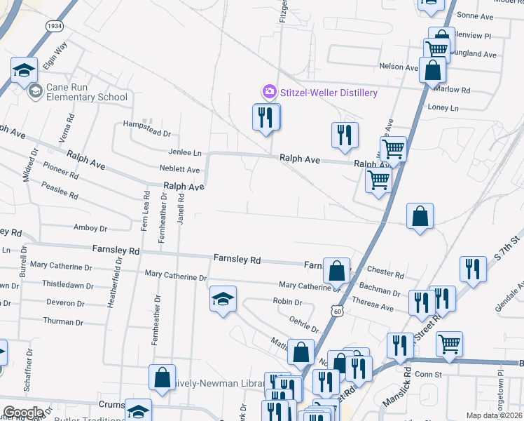 map of restaurants, bars, coffee shops, grocery stores, and more near 2016 Appleton Lane in Shively