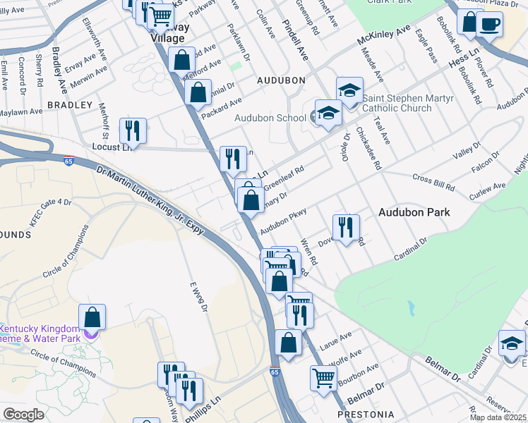 map of restaurants, bars, coffee shops, grocery stores, and more near 910 Rosemary Drive in Louisville