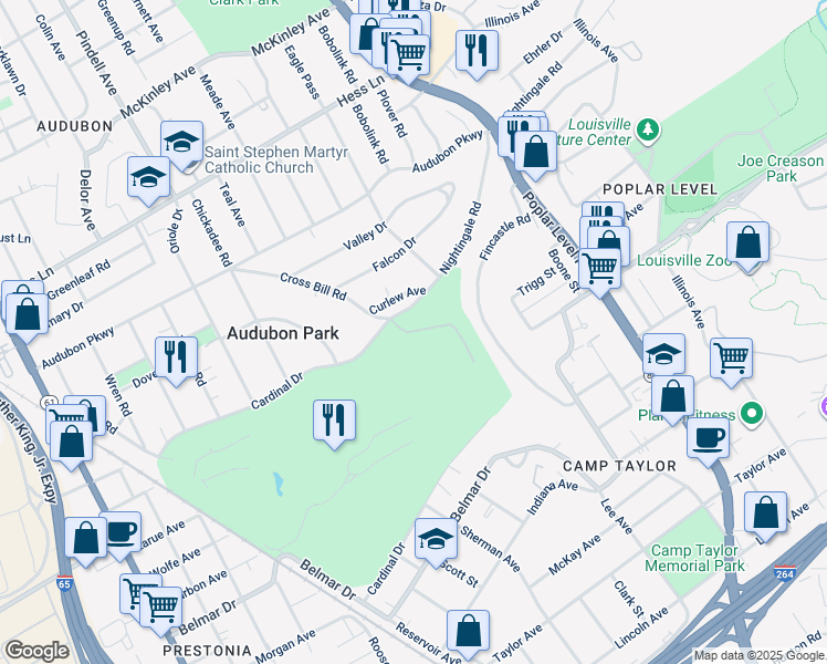 map of restaurants, bars, coffee shops, grocery stores, and more near 1300 Cardinal Drive in Louisville