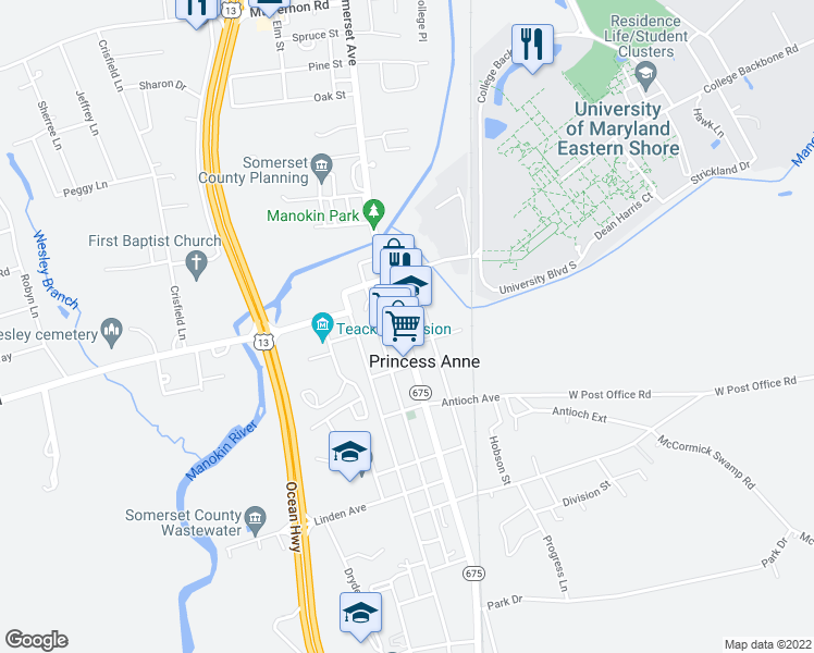map of restaurants, bars, coffee shops, grocery stores, and more near 11757 Somerset Avenue in Princess Anne