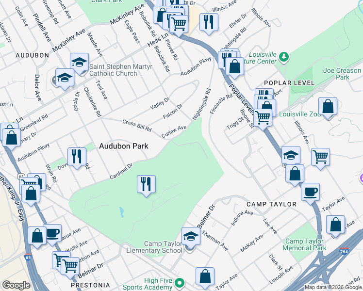 map of restaurants, bars, coffee shops, grocery stores, and more near 1300 Cardinal Drive in Louisville