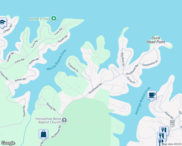 map of restaurants, bars, coffee shops, grocery stores, and more near Four Winds Drive in Lake Ozark