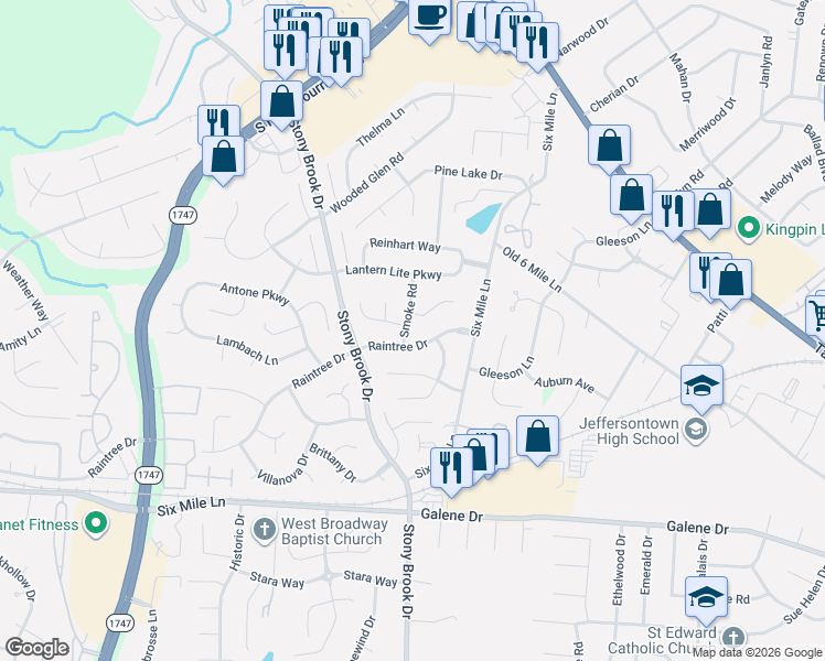 map of restaurants, bars, coffee shops, grocery stores, and more near 8912 Raintree Drive in Louisville