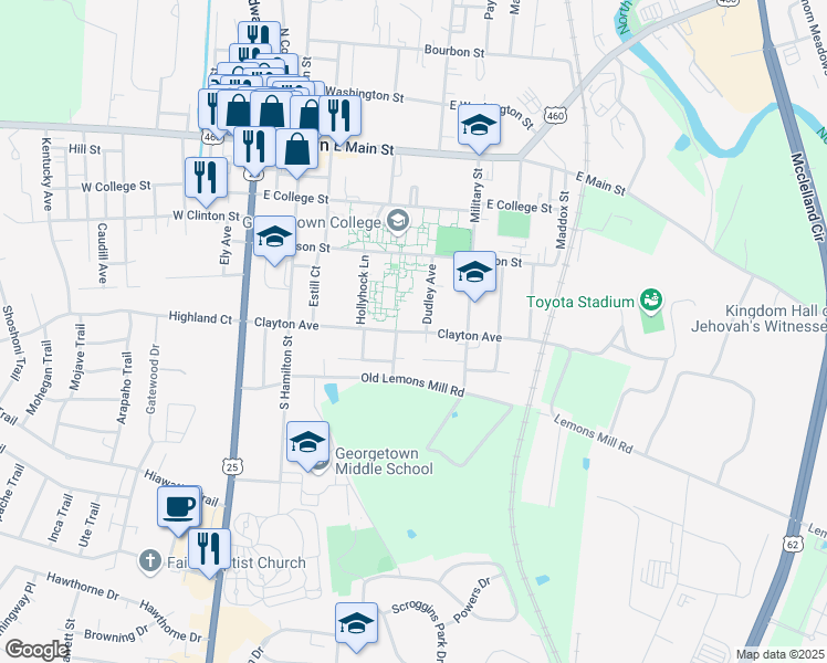 map of restaurants, bars, coffee shops, grocery stores, and more near 598 Clayton Avenue in Georgetown