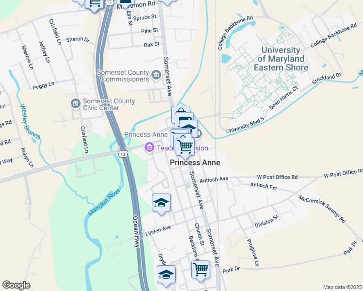 map of restaurants, bars, coffee shops, grocery stores, and more near in Princess Anne