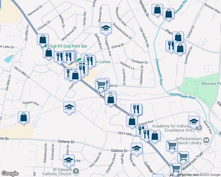 map of restaurants, bars, coffee shops, grocery stores, and more near 9902 Grassland Drive in Louisville
