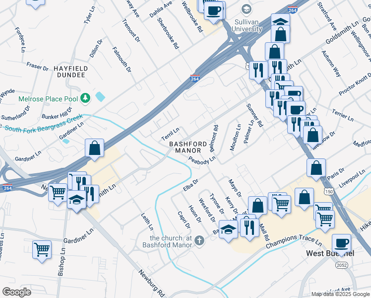 map of restaurants, bars, coffee shops, grocery stores, and more near in Louisville