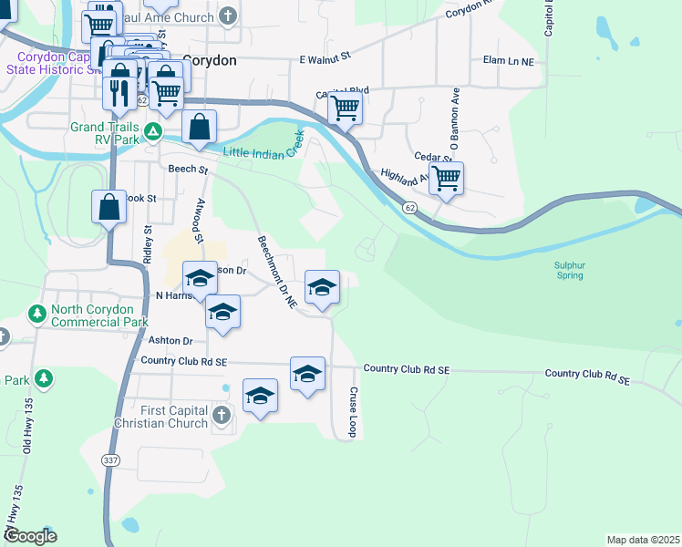 map of restaurants, bars, coffee shops, grocery stores, and more near 122 Beechmont Drive Northeast in Corydon