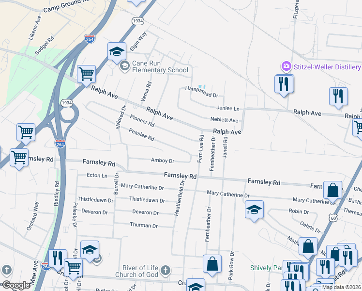 map of restaurants, bars, coffee shops, grocery stores, and more near 2196 Peaslee Road in Louisville