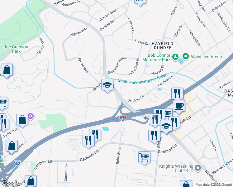 map of restaurants, bars, coffee shops, grocery stores, and more near 3040 Colonial Hill Road in Louisville