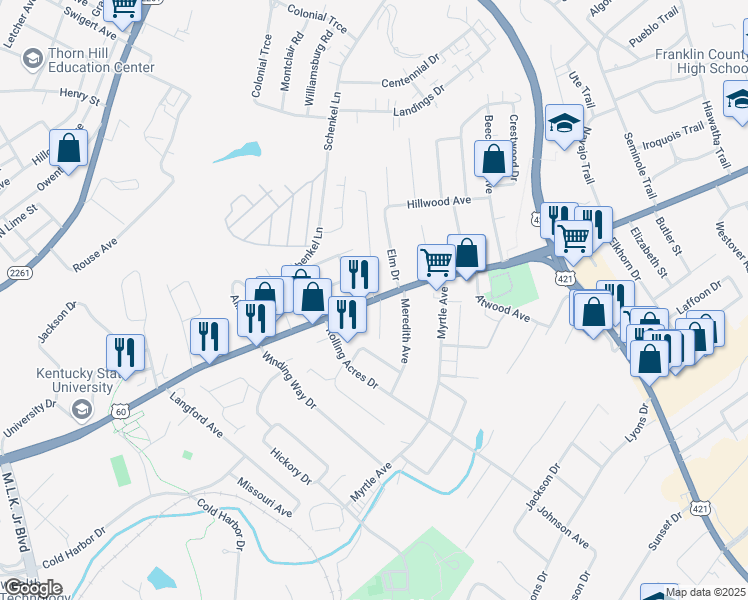 map of restaurants, bars, coffee shops, grocery stores, and more near East Main Street in Frankfort