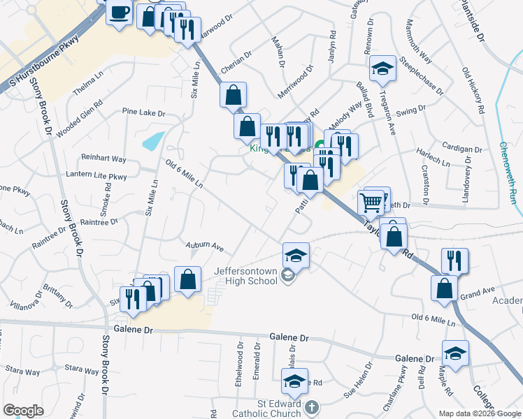 map of restaurants, bars, coffee shops, grocery stores, and more near 178 Stoke on Trent Street in Jeffersontown