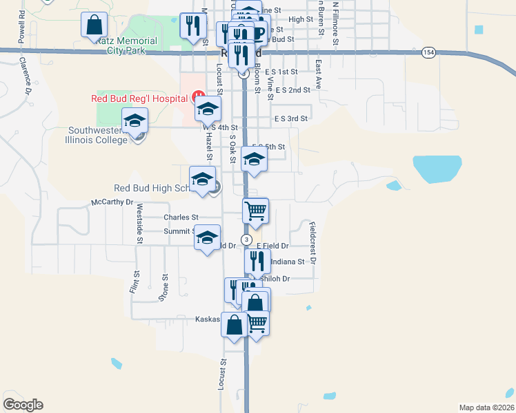 map of restaurants, bars, coffee shops, grocery stores, and more near 904 Hartman Drive in Red Bud