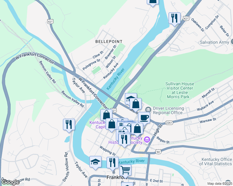 map of restaurants, bars, coffee shops, grocery stores, and more near 740 Wilkinson Boulevard in Frankfort