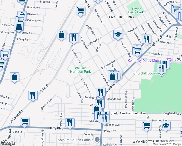 map of restaurants, bars, coffee shops, grocery stores, and more near 1310 Weyler Avenue in Louisville