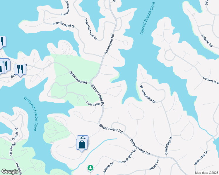 map of restaurants, bars, coffee shops, grocery stores, and more near 27 Woodhaven Circle in Village of Four Seasons
