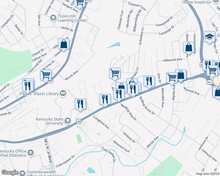 map of restaurants, bars, coffee shops, grocery stores, and more near 1-15 Obrien Street in Frankfort