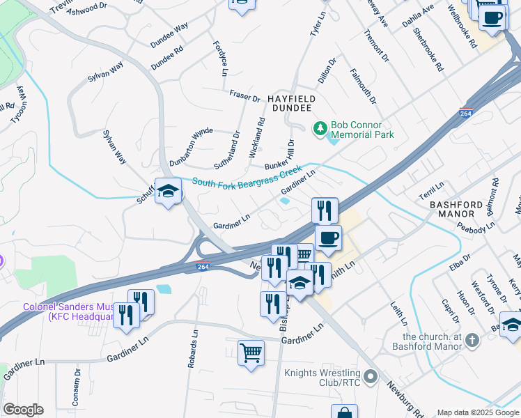 map of restaurants, bars, coffee shops, grocery stores, and more near in Louisville