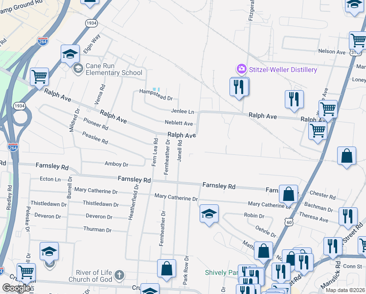 map of restaurants, bars, coffee shops, grocery stores, and more near 1877 Farnsley Road in Louisville