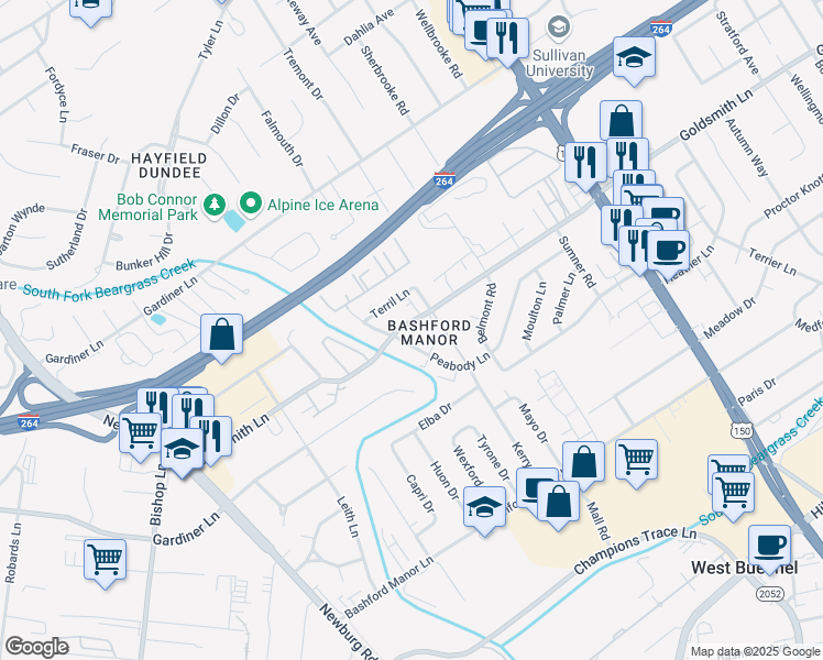map of restaurants, bars, coffee shops, grocery stores, and more near 2004 Terril Lane in Louisville