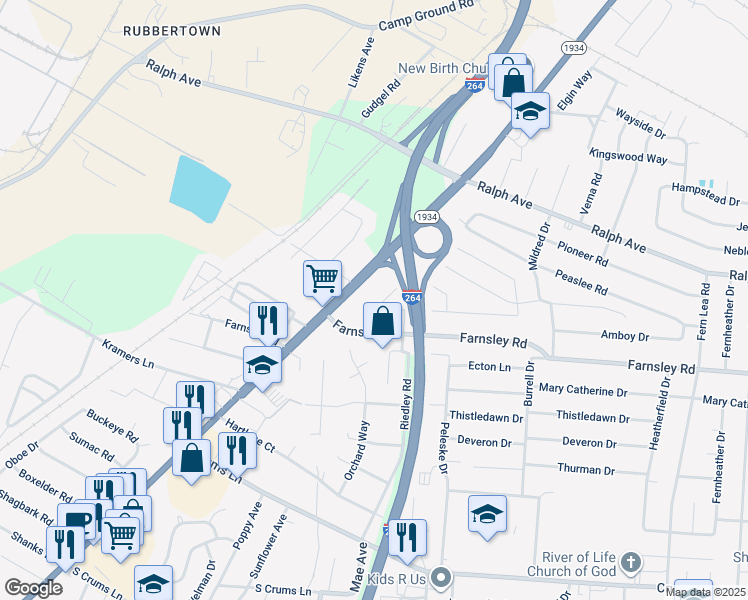 map of restaurants, bars, coffee shops, grocery stores, and more near in Louisville