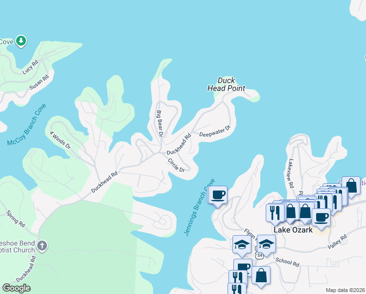map of restaurants, bars, coffee shops, grocery stores, and more near 105 Grizzly Lane in Lake Ozark