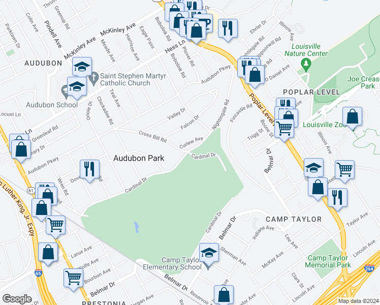 map of restaurants, bars, coffee shops, grocery stores, and more near 1300 Cardinal Drive in Louisville