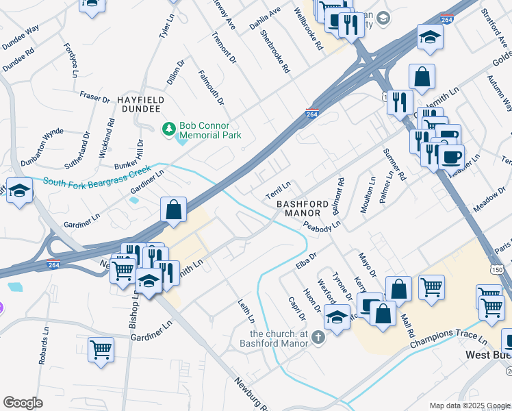 map of restaurants, bars, coffee shops, grocery stores, and more near 2001 Terril Lane in Louisville
