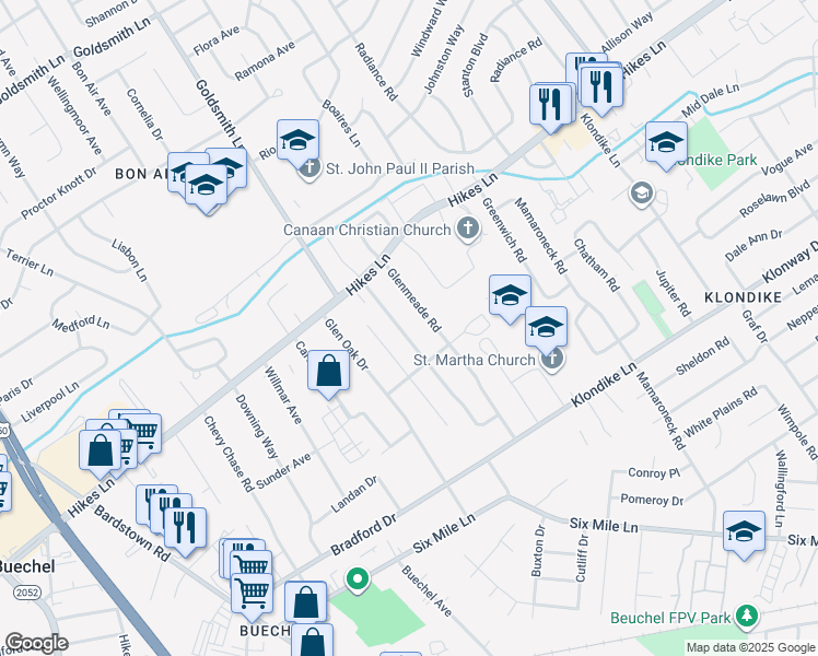 map of restaurants, bars, coffee shops, grocery stores, and more near 3716 Glenmeade Road in Louisville