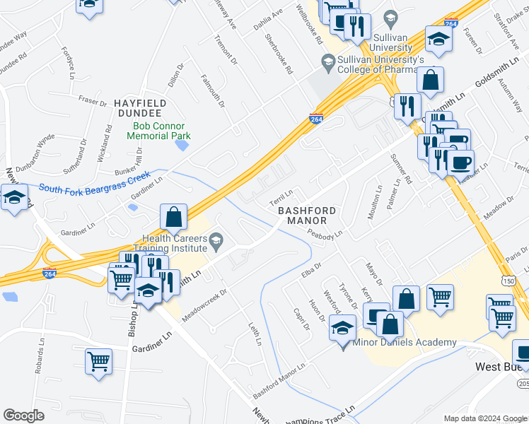 map of restaurants, bars, coffee shops, grocery stores, and more near 1930 Peabody Lane in Louisville