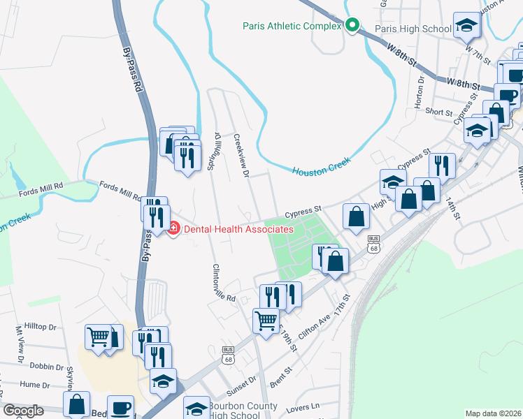 map of restaurants, bars, coffee shops, grocery stores, and more near 238 Creekview Drive in Paris