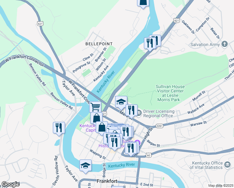map of restaurants, bars, coffee shops, grocery stores, and more near 740 Wilkinson Boulevard in Frankfort