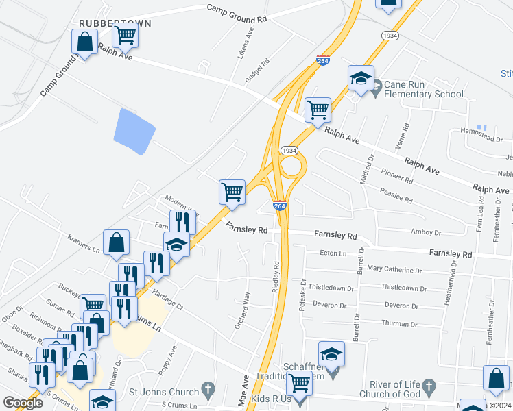 map of restaurants, bars, coffee shops, grocery stores, and more near 4048 Rausch Drive in Louisville