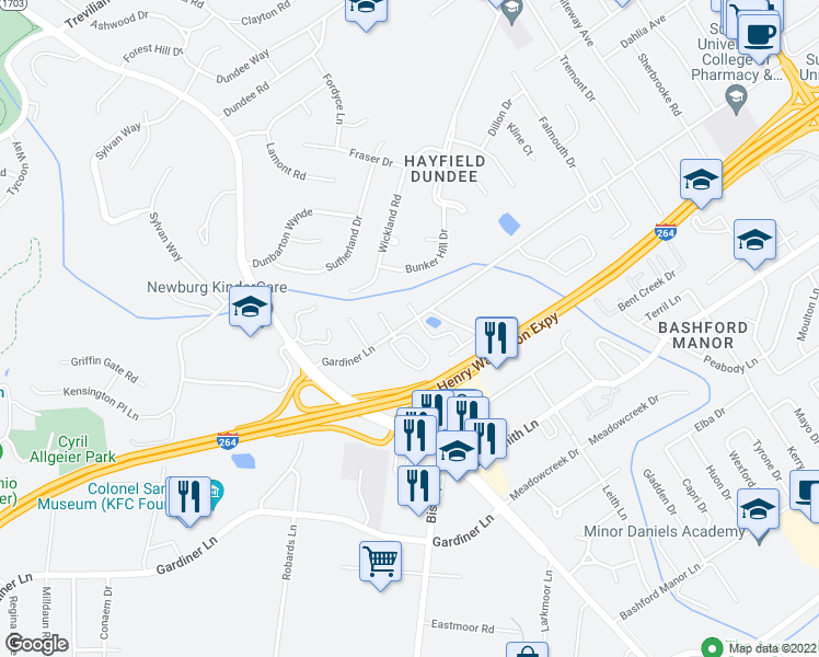map of restaurants, bars, coffee shops, grocery stores, and more near 3104 Carriage Court in Louisville