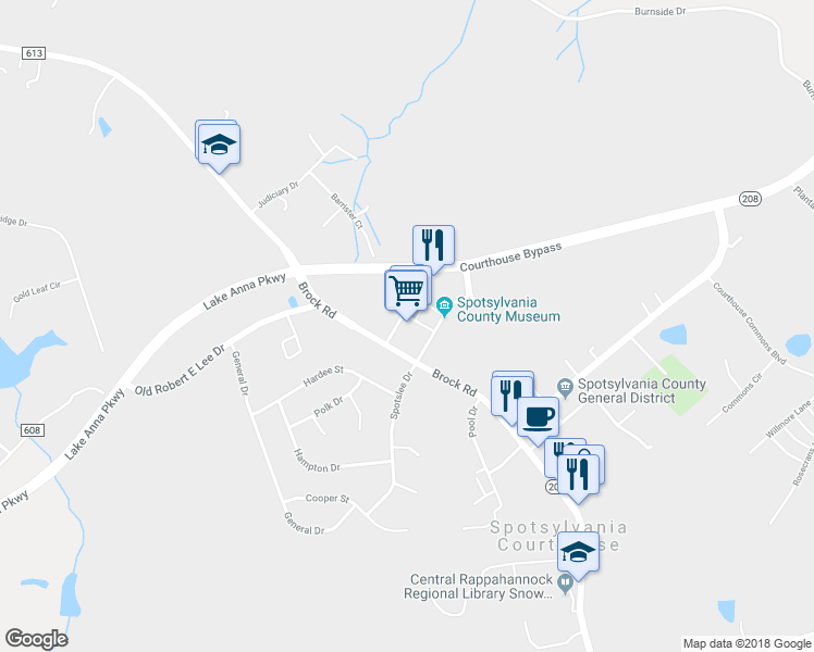 map of restaurants, bars, coffee shops, grocery stores, and more near 7610 Heths Salient Street in Spotsylvania