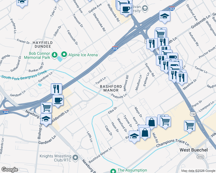 map of restaurants, bars, coffee shops, grocery stores, and more near in Louisville
