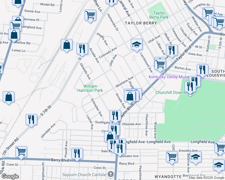 map of restaurants, bars, coffee shops, grocery stores, and more near 1326 Arcade Avenue in Louisville