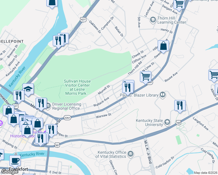 map of restaurants, bars, coffee shops, grocery stores, and more near 340 Murrell Street in Frankfort