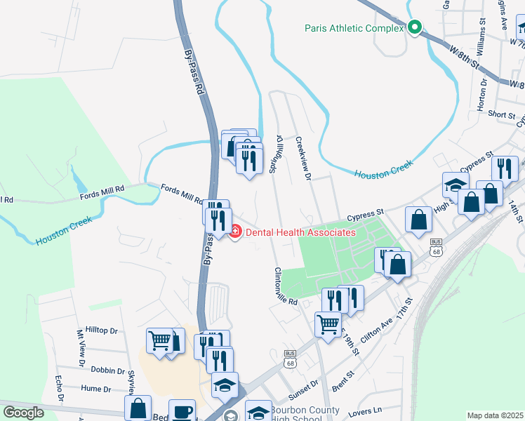 map of restaurants, bars, coffee shops, grocery stores, and more near 294 Springhill Drive in Paris